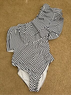 Striped One-Shoulder Ruffle One-Piece Swimsuit - Navy & White